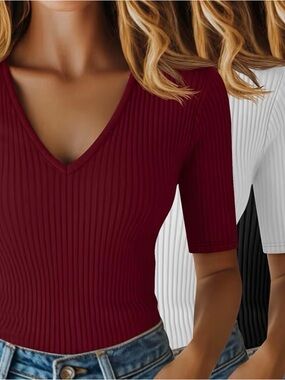 Three Ribbed V-Neck Short Sleeve Tops - Burgundy, White, and Black